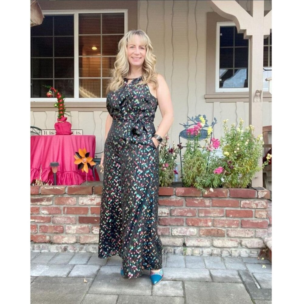 Eva Franco Anthropologie Metallic Dot Halter Jumpsuit with Wide Leg